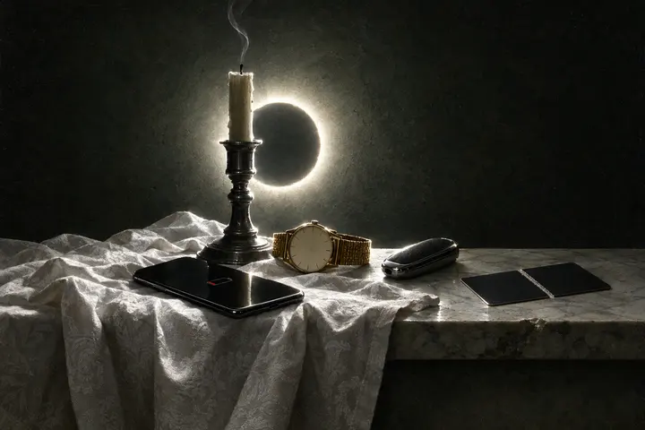 A phone with a red sliver of battery at the centre of a dark marble ledge, a handless watch, a candle, a car key and a cut card around it.