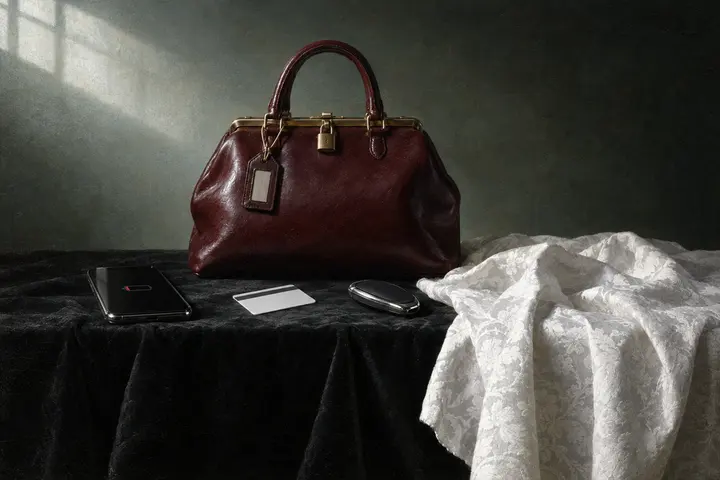 A locked leather handbag with a luggage tag on its handle, a hotel key card, a car key and a phone at one percent on black velvet.
