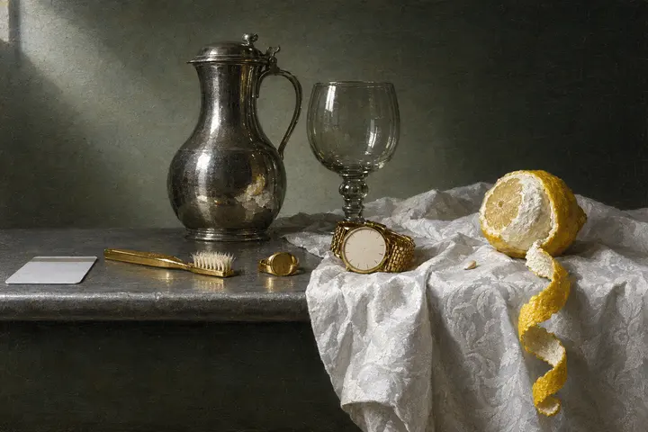 A white hotel key card and a gold toothbrush side by side on a pewter edge, a signet ring between them, a handless gold watch and a peeled lemon behind.