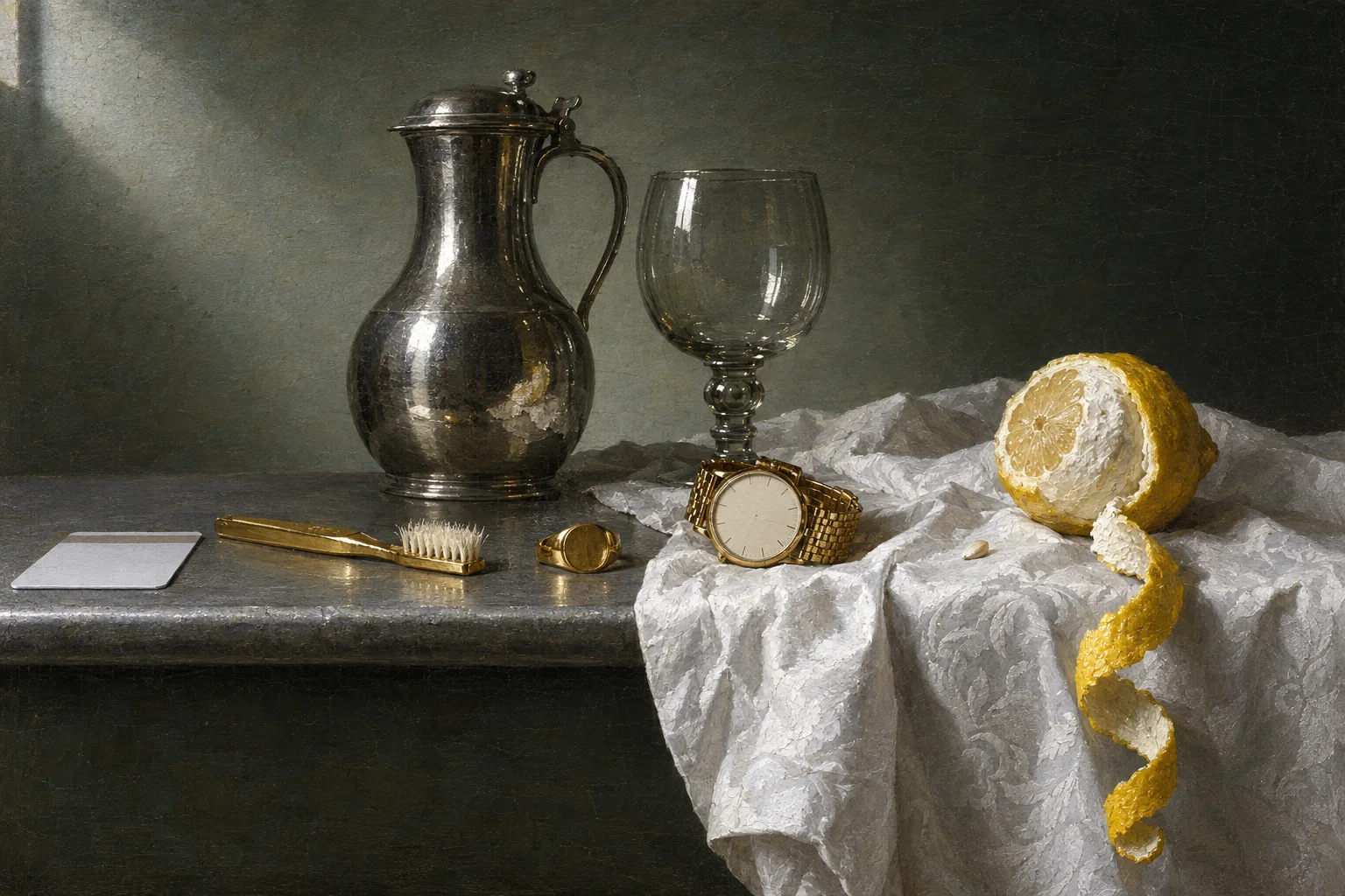 A white hotel key card and a gold toothbrush side by side on a pewter edge, a signet ring between them, a handless gold watch and a peeled lemon behind.