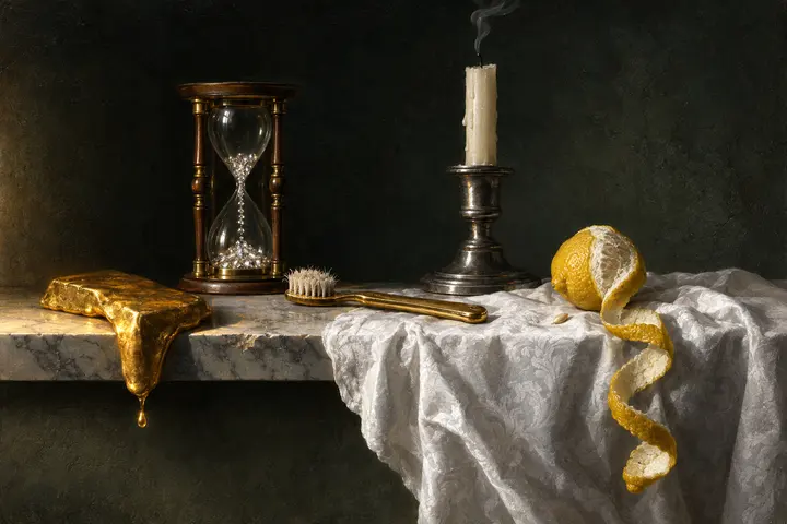 A gold bar melting over the edge of a marble ledge in candlelight, with an hourglass of diamonds, a gold toothbrush, a candle and a lemon.