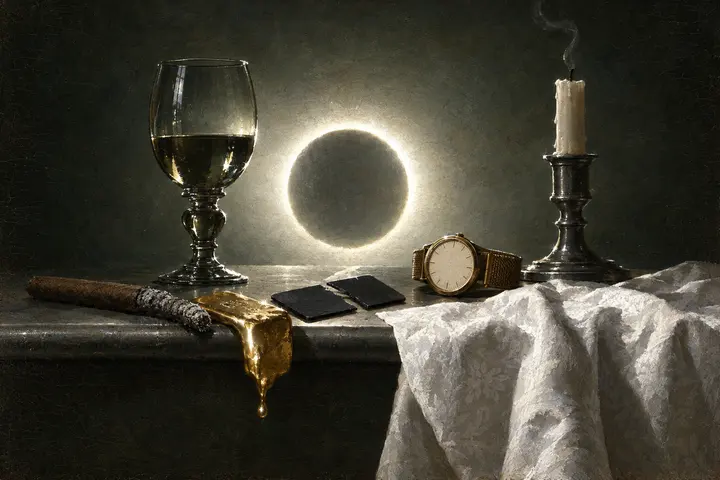 A burnt-out cigar with an unbroken column of ash across a pewter edge, a gold bar sagging beside it, a cut card, a handless watch and a snuffed candle against a ring of light.