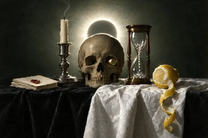 A pale skull on black velvet with a gold signet ring resting in one eye socket, invitations, a candle, an hourglass of diamonds and a lemon.