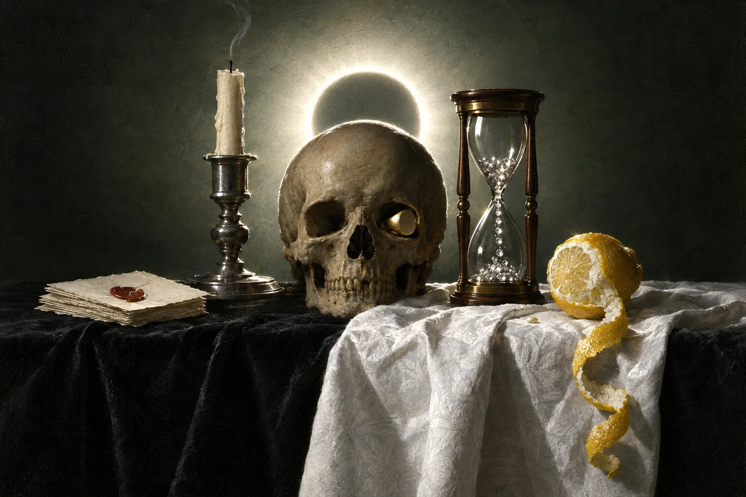 A pale skull on black velvet with a gold signet ring resting in one eye socket, invitations, a candle, an hourglass of diamonds and a lemon.