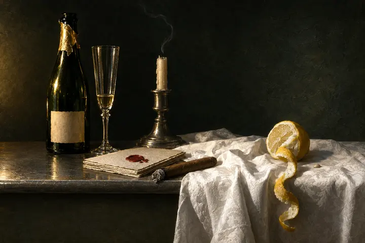 A dark bottle, a crystal flute with an inch of flat wine, a candle burned to its socket, a cancelled invitation and a burnt-out cigar on a pewter table.