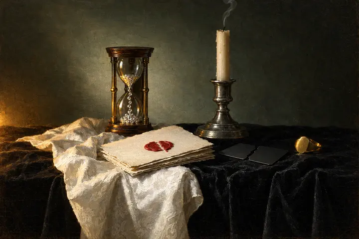 A stack of cream invitations with a broken red wax seal on black velvet in candlelight, an hourglass of diamonds behind, a cut black card, a candle and a signet ring.