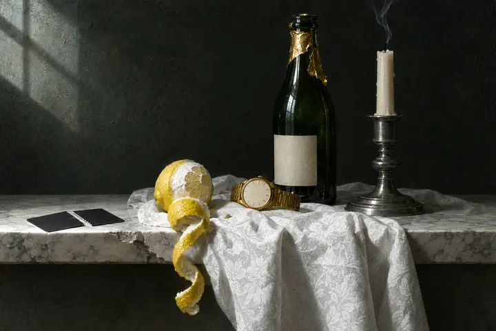 A marble ledge in the dark: a black card cut in two at the front edge, a peeled lemon, a gold watch with no hands, a dark green bottle and a candle.