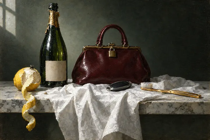 A peeled lemon on a marble ledge with a small fly on its pith, a dark green bottle, a locked handbag, a car key and a gold toothbrush.