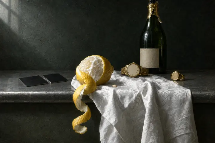 A peeled lemon with its rind spiralling over a pewter edge, large in the foreground, with a card, a watch, a bottle and a ring small behind it.