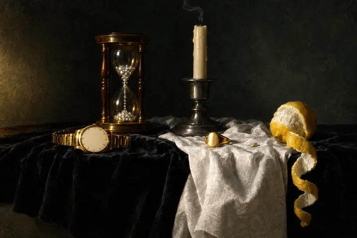 A gold watch with a blank dial and no hands on black velvet, an hourglass of diamonds behind it, a snuffed candle and a signet ring.