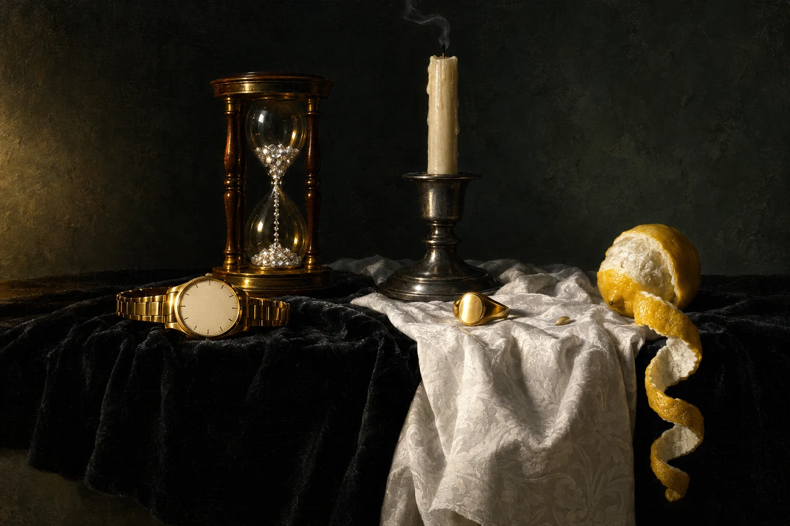 A gold watch with a blank dial and no hands on black velvet, an hourglass of diamonds behind it, a snuffed candle and a signet ring.